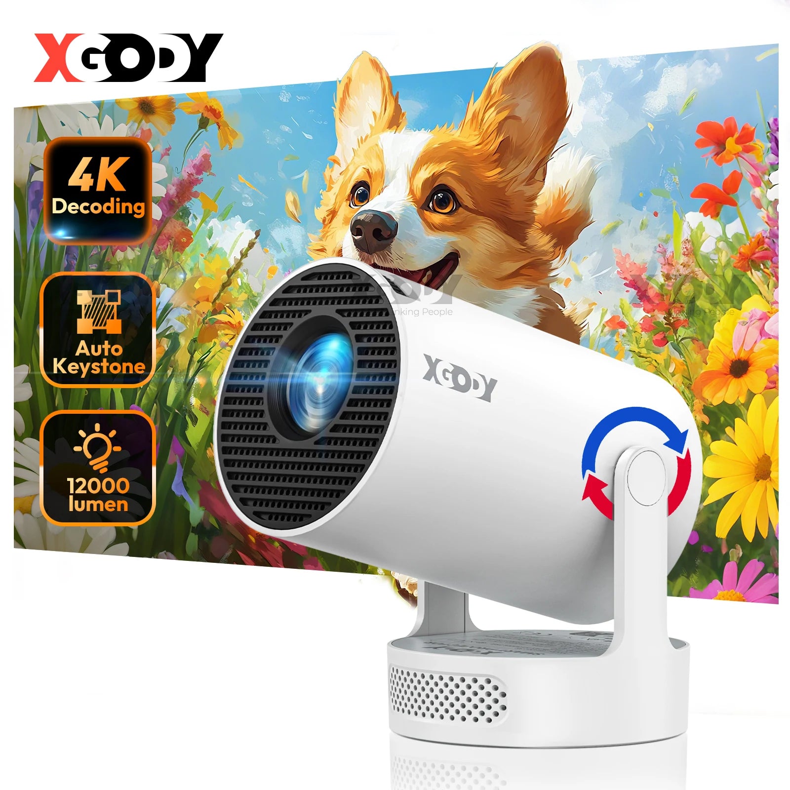 XGODY 4K Gimbal 3s LED Projector with 12000 Lm Brightness, WiFi 6 Bluetooth 5.0 Portable Home Theater System for entertainment