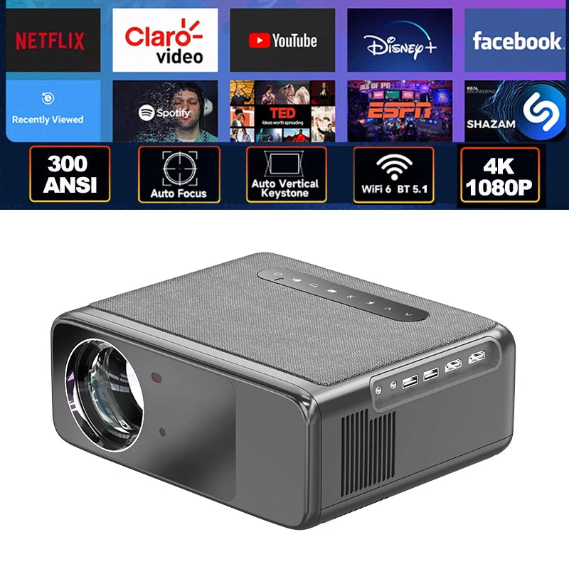 Full HD 1080P Projector 4K 300 ANSI Android WiFi 6 Auto Focus Home Theater Projectors for Movie Meeting Video