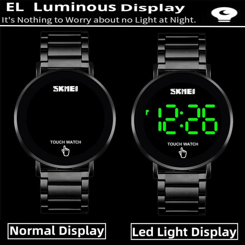 Skmei Touch Screen Bracelet Digital Watches for Mens Stainless Steel Strap 30M Waterproof LED Light Wristwatch with Date