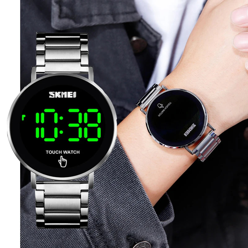 Skmei Touch Screen Bracelet Digital Watches for Mens Stainless Steel Strap 30M Waterproof LED Light Wristwatch with Date