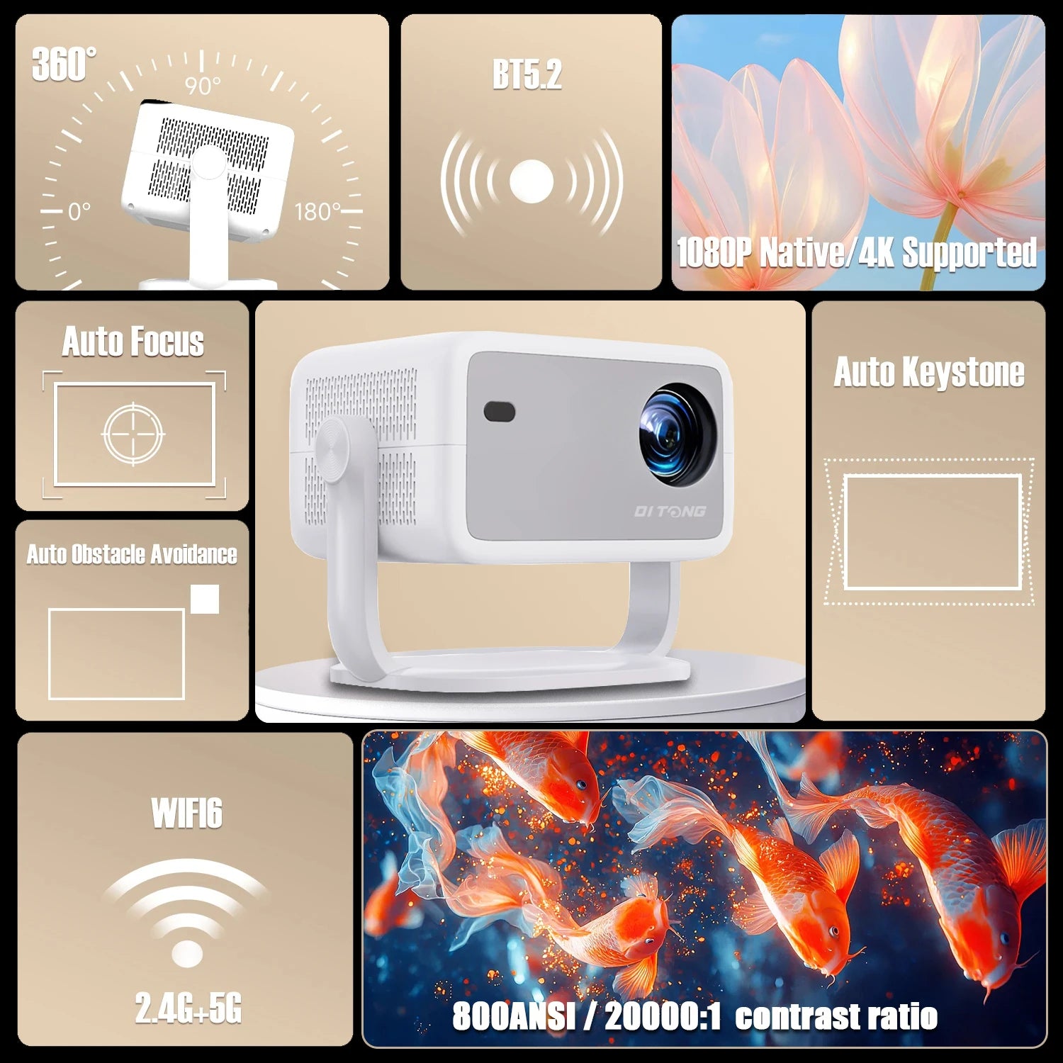 DITONG  1080P 800ANSI 4K Android 11 360° HD Projector With Auto Keystone Correction Focus Wifi6 BT5.2 Portable Outdoor
