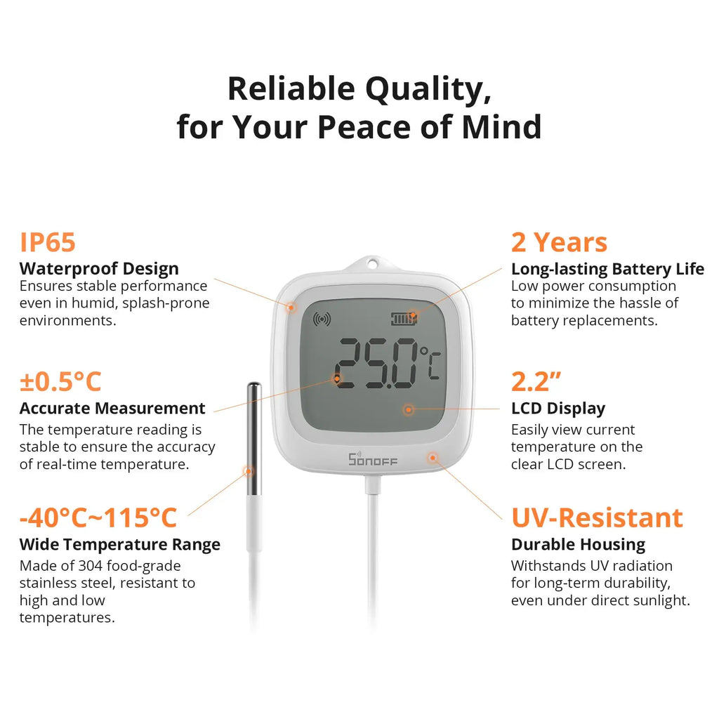SONOFF SNZB-02LD IP65 Zigbee LCD Smart Home Thermometer with Probe for Pool Bathtub Fish Tank Liquid Requires Sonoff Zigbee Hub