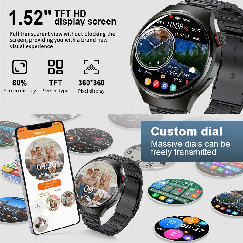 1.52 inch AMOLED Screen Display Smart Watch For Men Wireless Call Android ios Phone Health Monitor Waterproof Sports Smartwatch