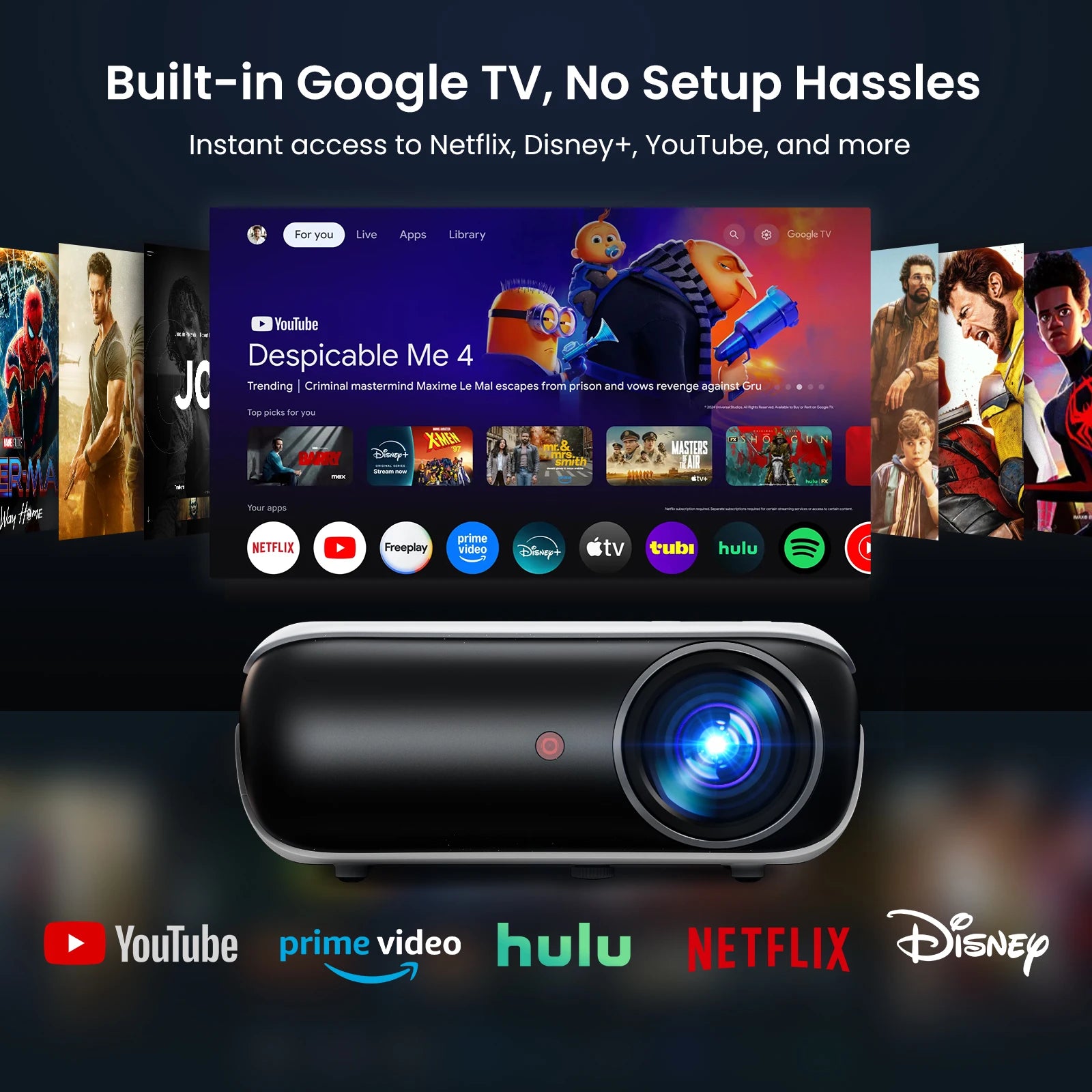 Official Licensed Google TV Smart Projector, HAPPRUN 4K UHD Home Theater with Dolby Sound, Wi-Fi & Bluetooth, Built-in Streaming
