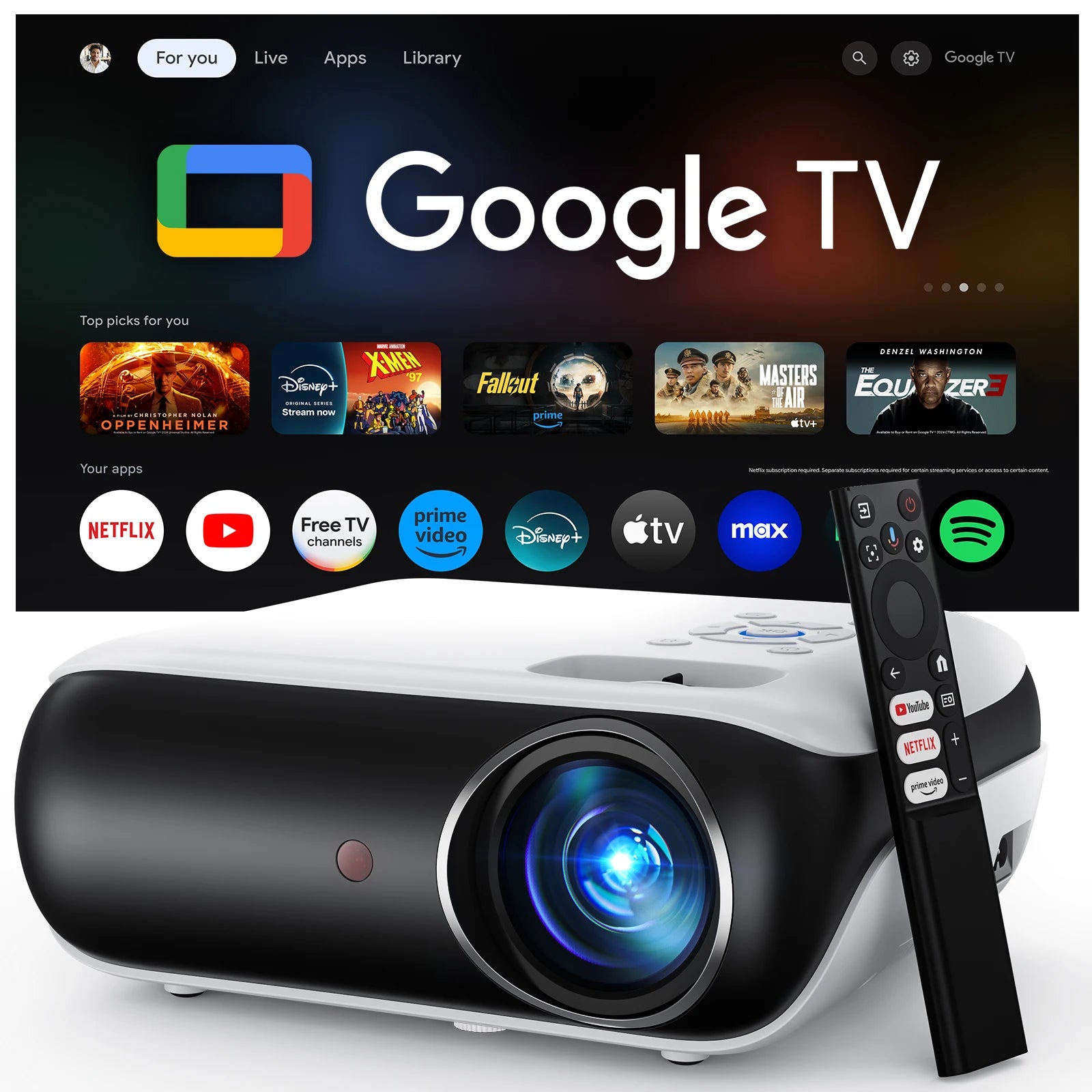 Official Licensed Google TV Smart Projector, HAPPRUN 4K UHD Home Theater with Dolby Sound, Wi-Fi & Bluetooth, Built-in Streaming