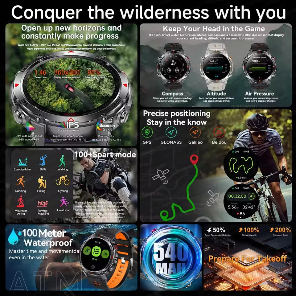 T-Rex 3 GPS Smart Watch 10ATM IP69K Waterproof Clock Compass Altimeter HD Call Military Sports Smart watch Fitness Men Bracelet