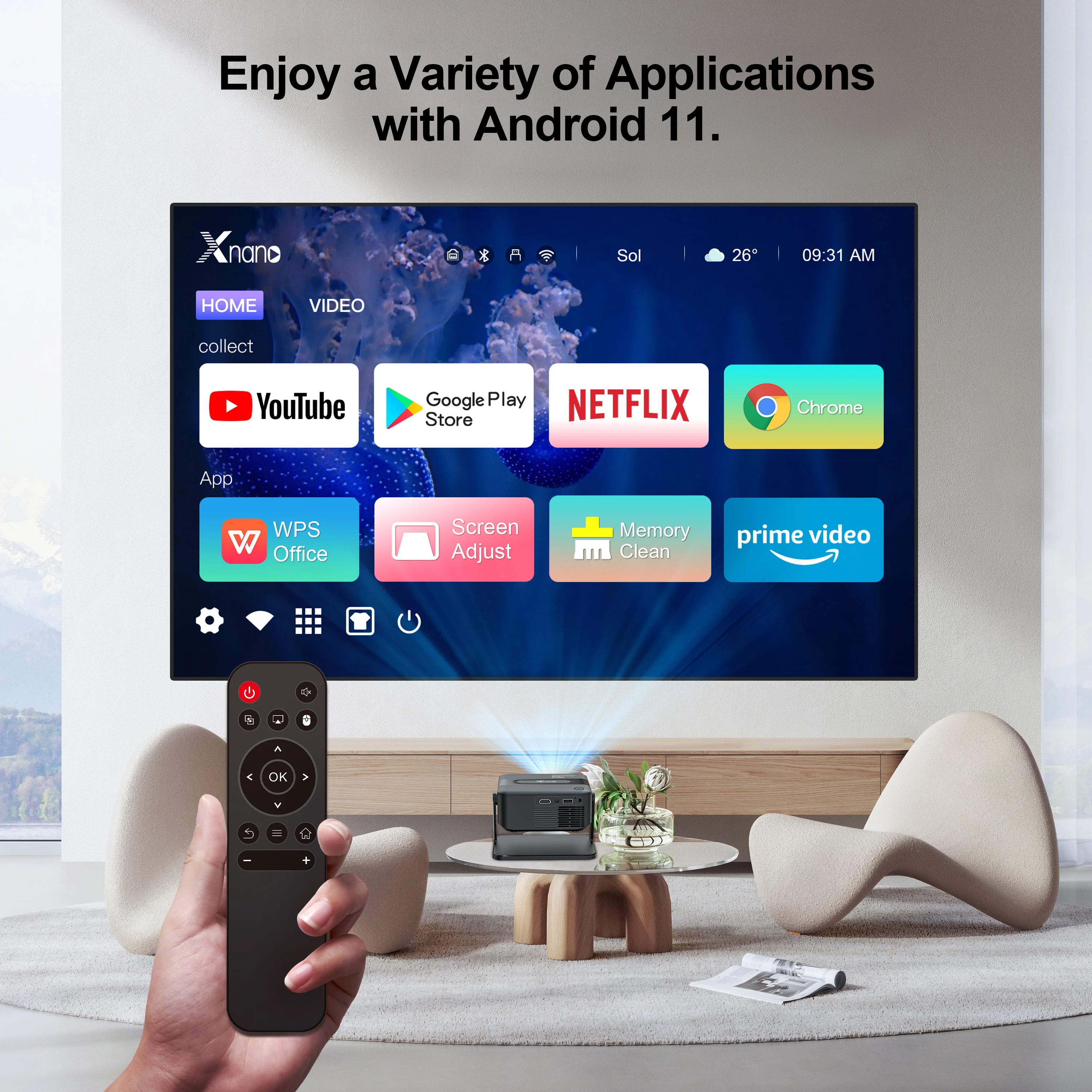 Salange HA109 Mini Projector Android11 WiFi6 BT5.0 280 ANSI 720P Built-in App Mirror SmartPhone for 1080P 4K Video Home Cinema