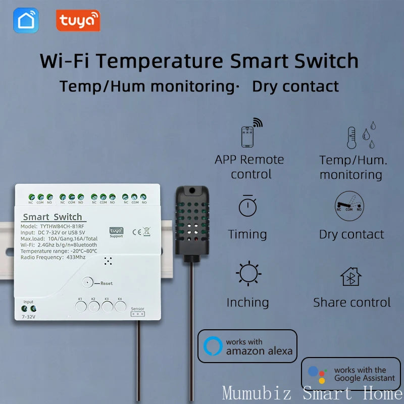 Tuya Smart 7-32V WiFi 4 Channel Relay With Temperature Humidity Sensor Passive Dry Contact Switch RF433  Alexa Alice Compatible