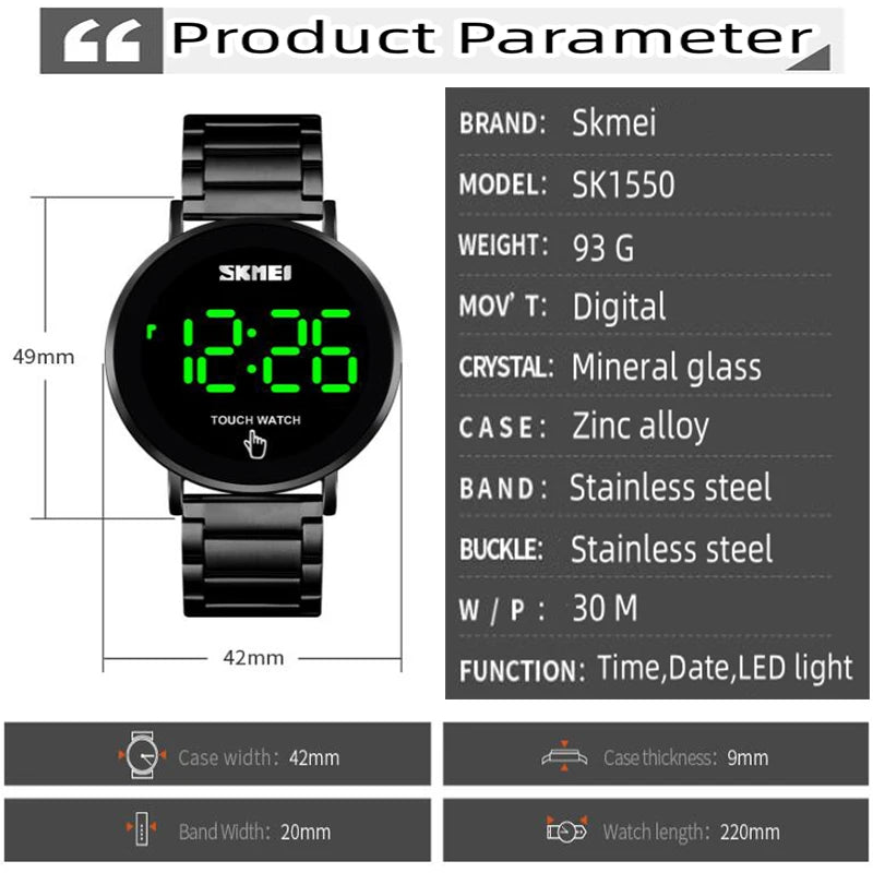 Skmei Touch Screen Bracelet Digital Watches for Mens Stainless Steel Strap 30M Waterproof LED Light Wristwatch with Date
