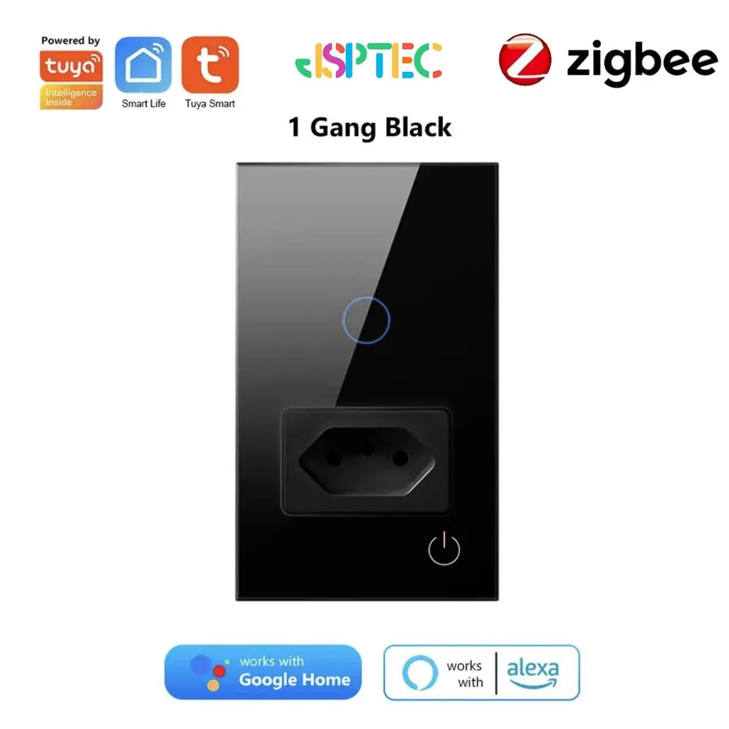JSPTEC Tuya Smart Brazil ZigBee Switch 10A 16A Smart Socket Glass Panel 1 2 Gang Smart Light Switch Work With Alexa Google Home