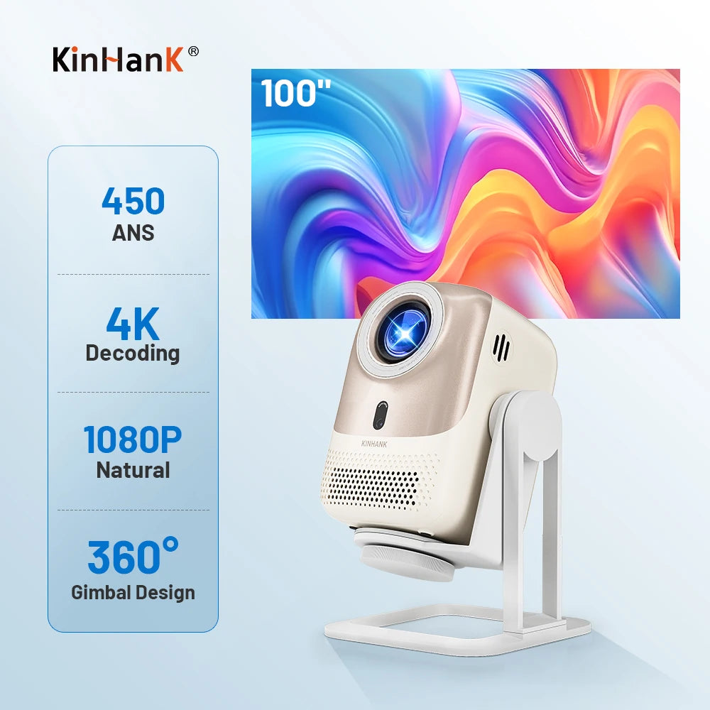 KINHANK 4K Portable Projector Auto Focus Native 1080P 450 ANSI Wifi 6 Android OS with Netflix Smart Home Projector