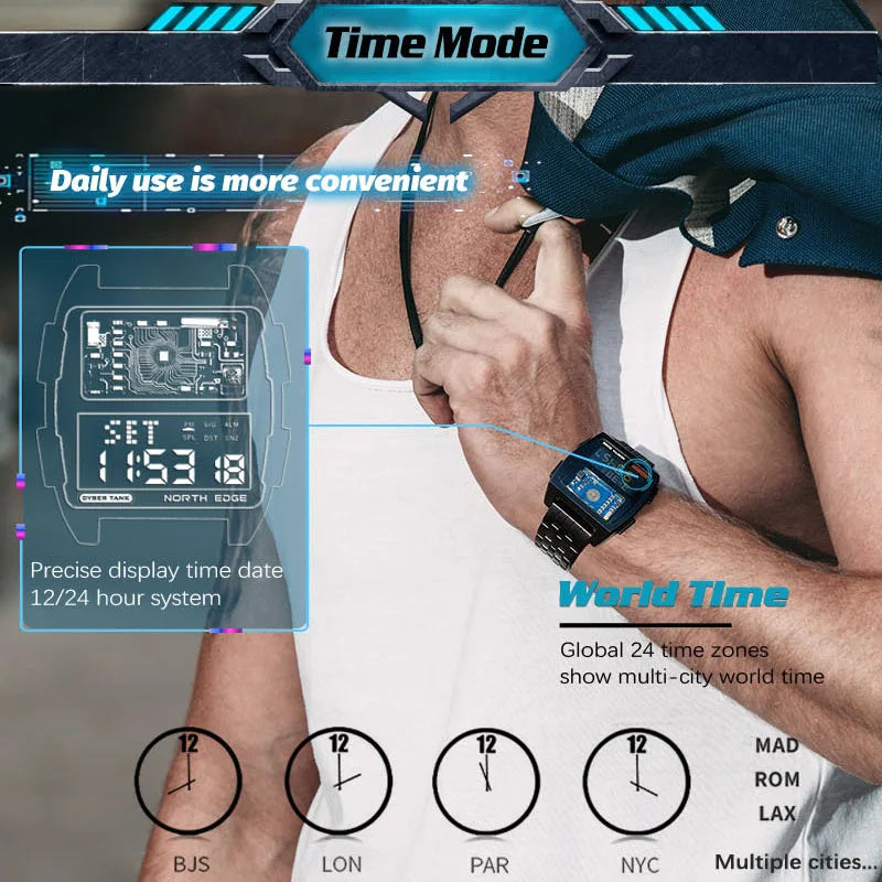 NORTH EDGE 2022 Men's Digital Watch Retro Industrial Metal Style Waterproof 50M Sport Watches For Men World Time reloj de hombre
