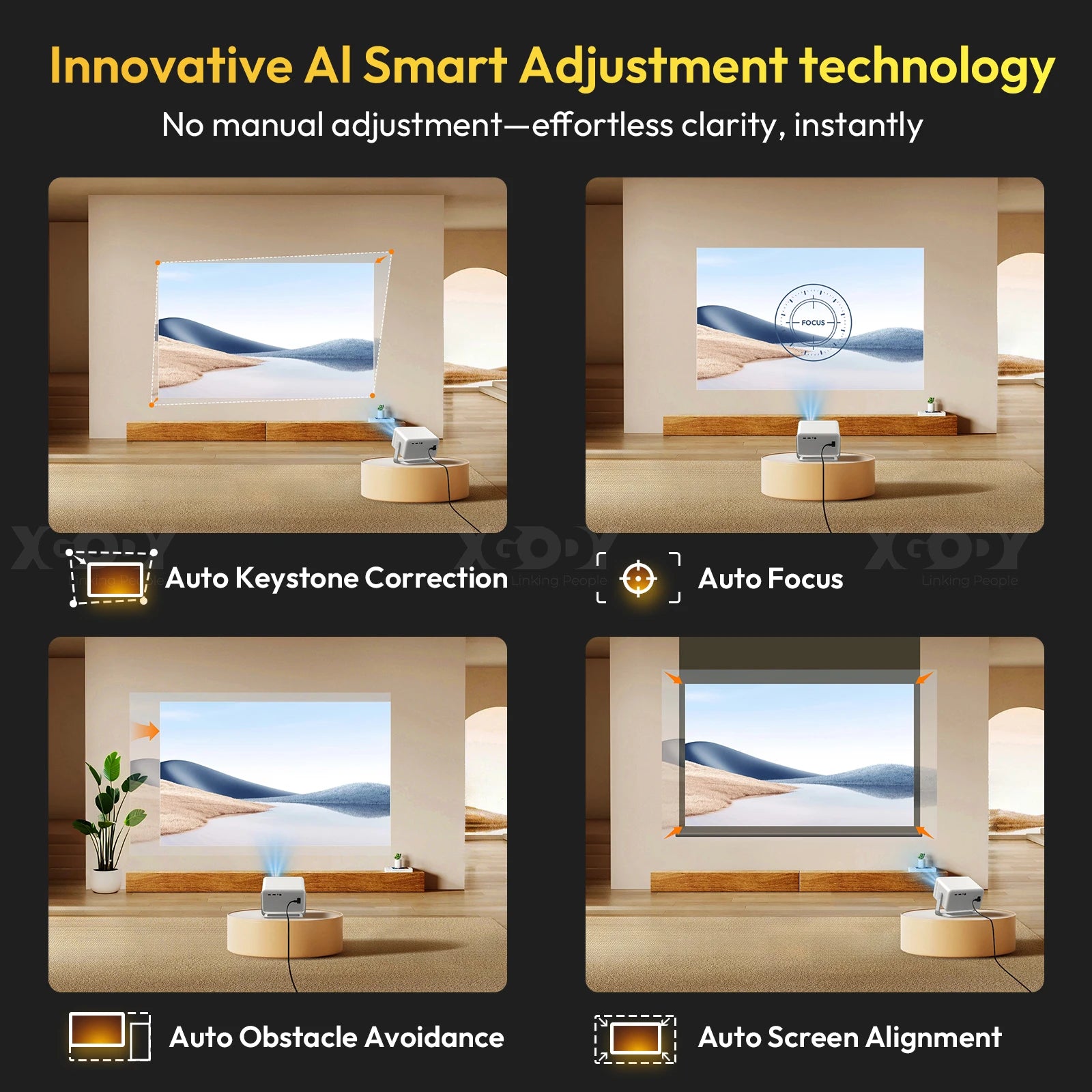 XGODY A6-PRO 4K Native 1080P 650 ANSI Smart Projector Autofocus and Automatic Keystone Correction 360° Portable Projector