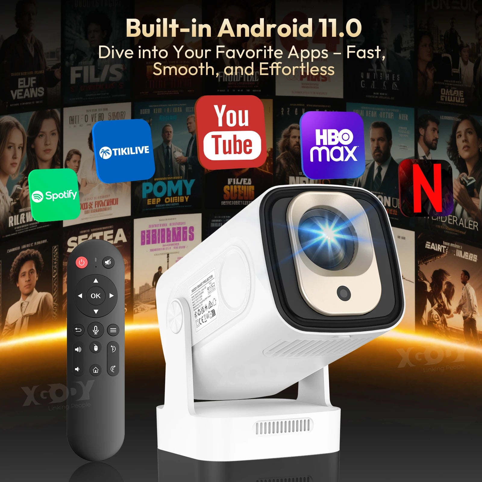 XGODY 4K HD Real 1080P 350ANSI Smart Projector with Android TV, HD Movie Projector, WiFi 6 Bluetooth 5.0 Portable Home Theater