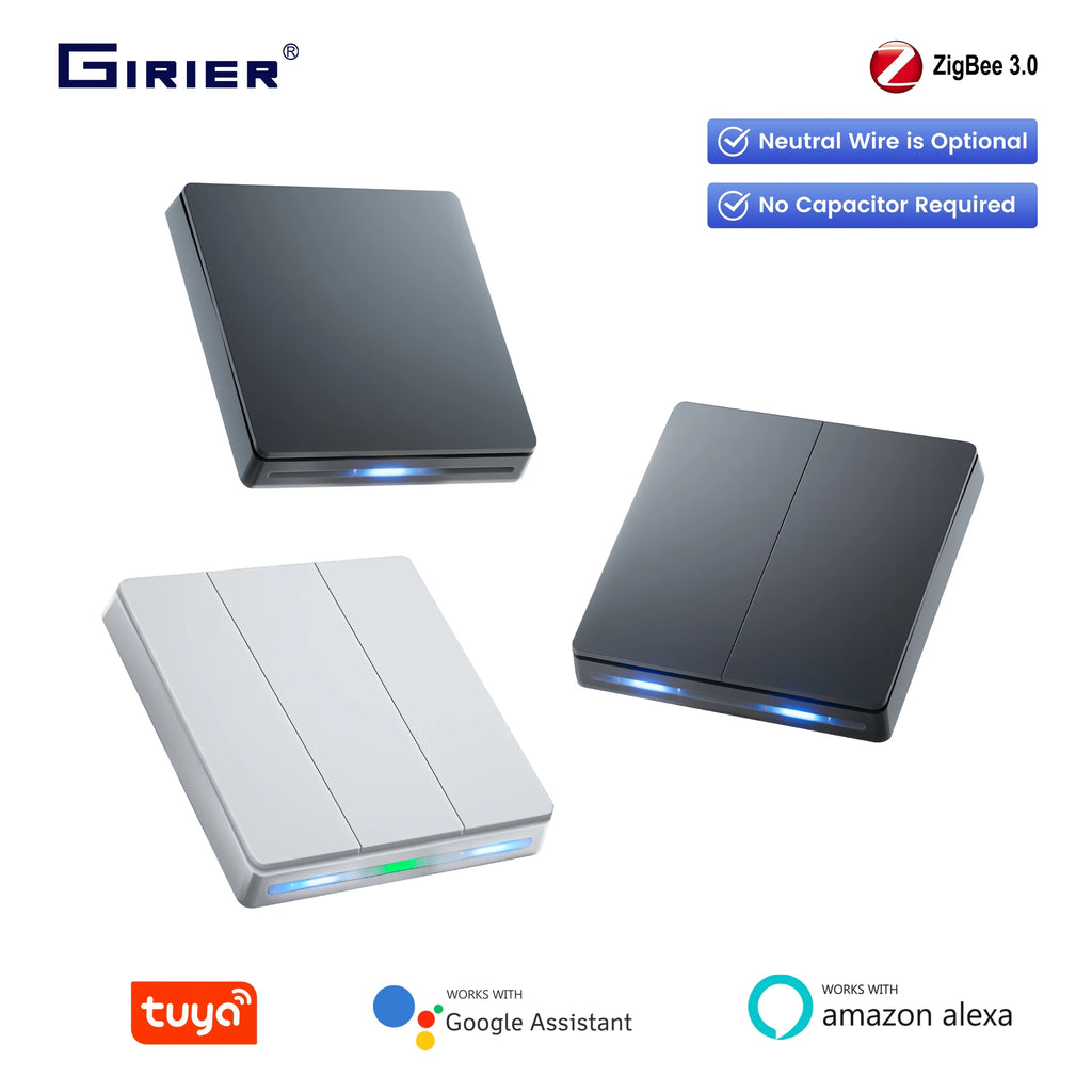 GIRIER ZigBee Wall Switch Tuya Smart Button Light Switches 1/2/3/4 Gang Support Neutral or without Neutral Wire Work with Alexa