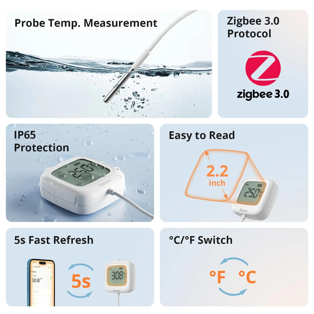 SONOFF SNZB-02LD IP65 Zigbee LCD Smart Home Thermometer with Probe for Pool Bathtub Fish Tank Liquid Requires Sonoff Zigbee Hub