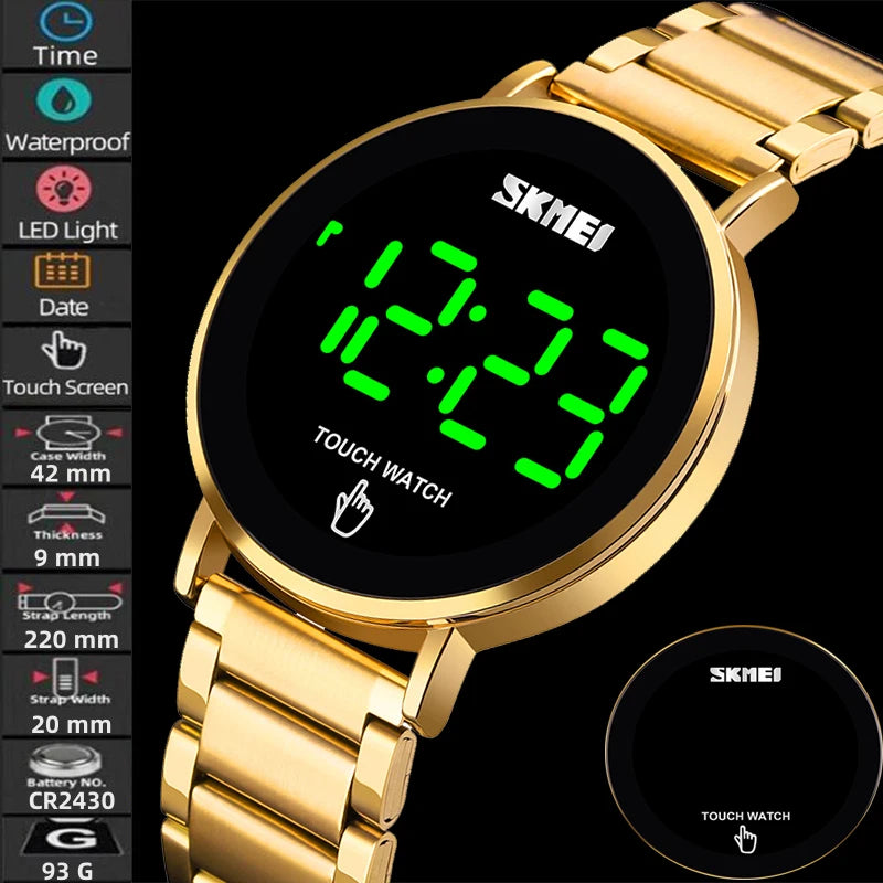 Skmei Touch Screen Bracelet Digital Watches for Mens Stainless Steel Strap 30M Waterproof LED Light Wristwatch with Date