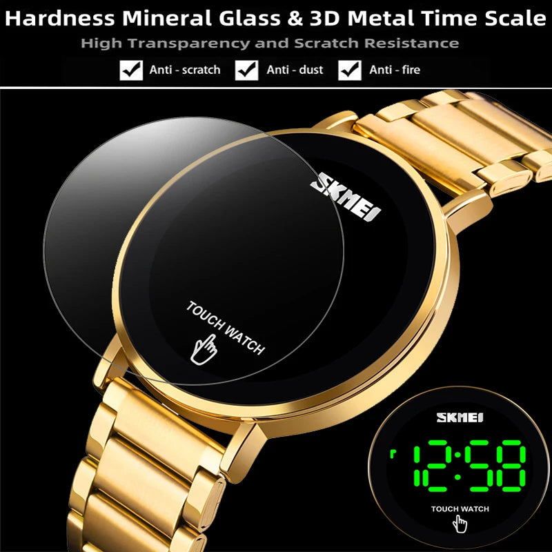 Skmei Touch Screen Bracelet Digital Watches for Mens Stainless Steel Strap 30M Waterproof LED Light Wristwatch with Date