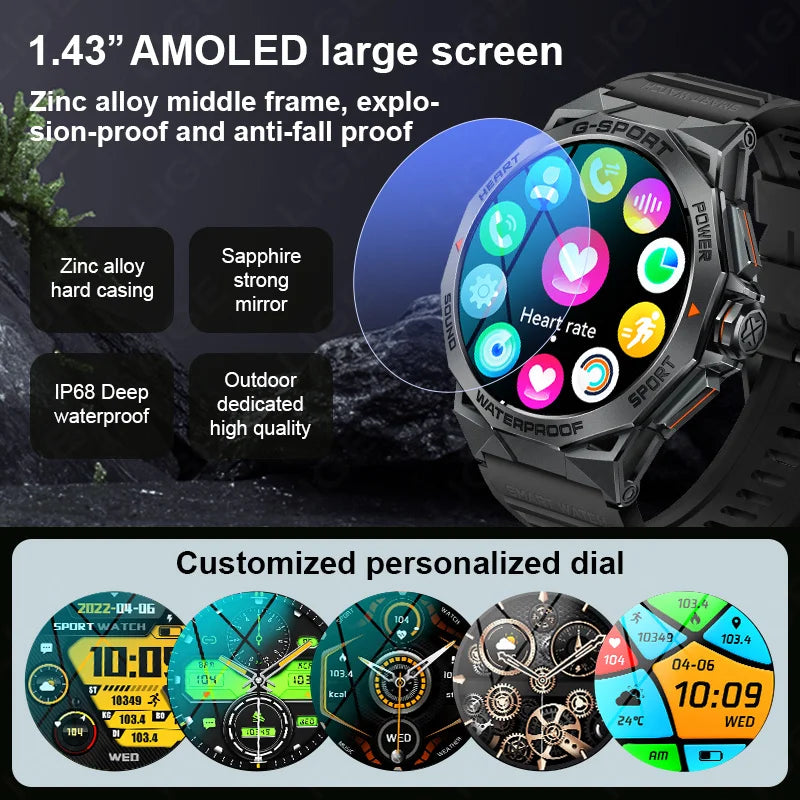 Fashion Amoled Smart Watch Bluetooth Call IP68 Waterproof Smartwatch Men 1.43 Inch 466*466 HD Display 400Mah Battery Steel Watch