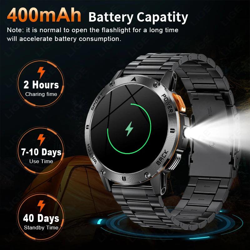 2025 New Military Smart Watch Men Flashlight Compass Waterproof Outdoor Sport Tracker Bluetooth Call Smartwatch For Android ios
