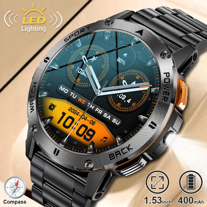 2025 New Military Smart Watch Men Flashlight Compass Waterproof Outdoor Sport Tracker Bluetooth Call Smartwatch For Android ios