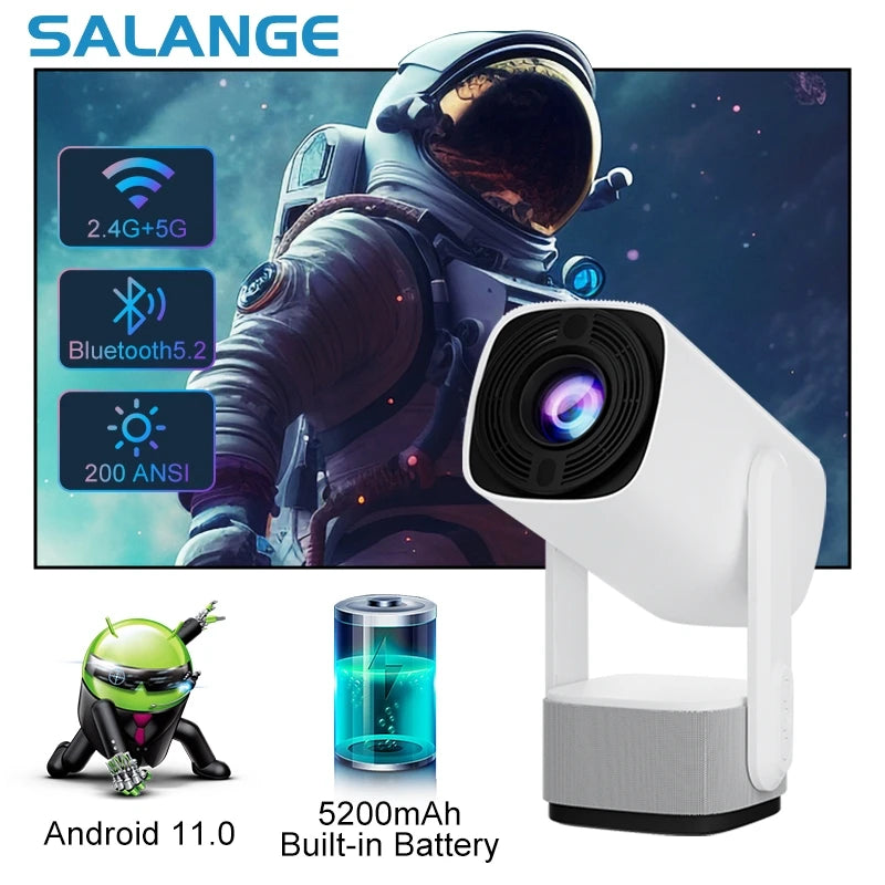 Salange 4K Projector K2 BT5.2 WIFI6 Smart Android 11 Built-in 5200mAh Battery 10W Speaker with RGB LED Lights Outdoor Projector