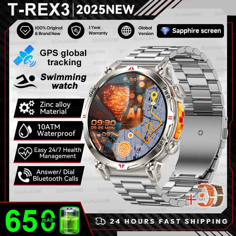 2025 NEW SPORTS T-REX Smart Watch Men 10ATM Waterproof GPS trajectory Compass Altimeter Barometric 1.56 inches AMOLED Bracelet