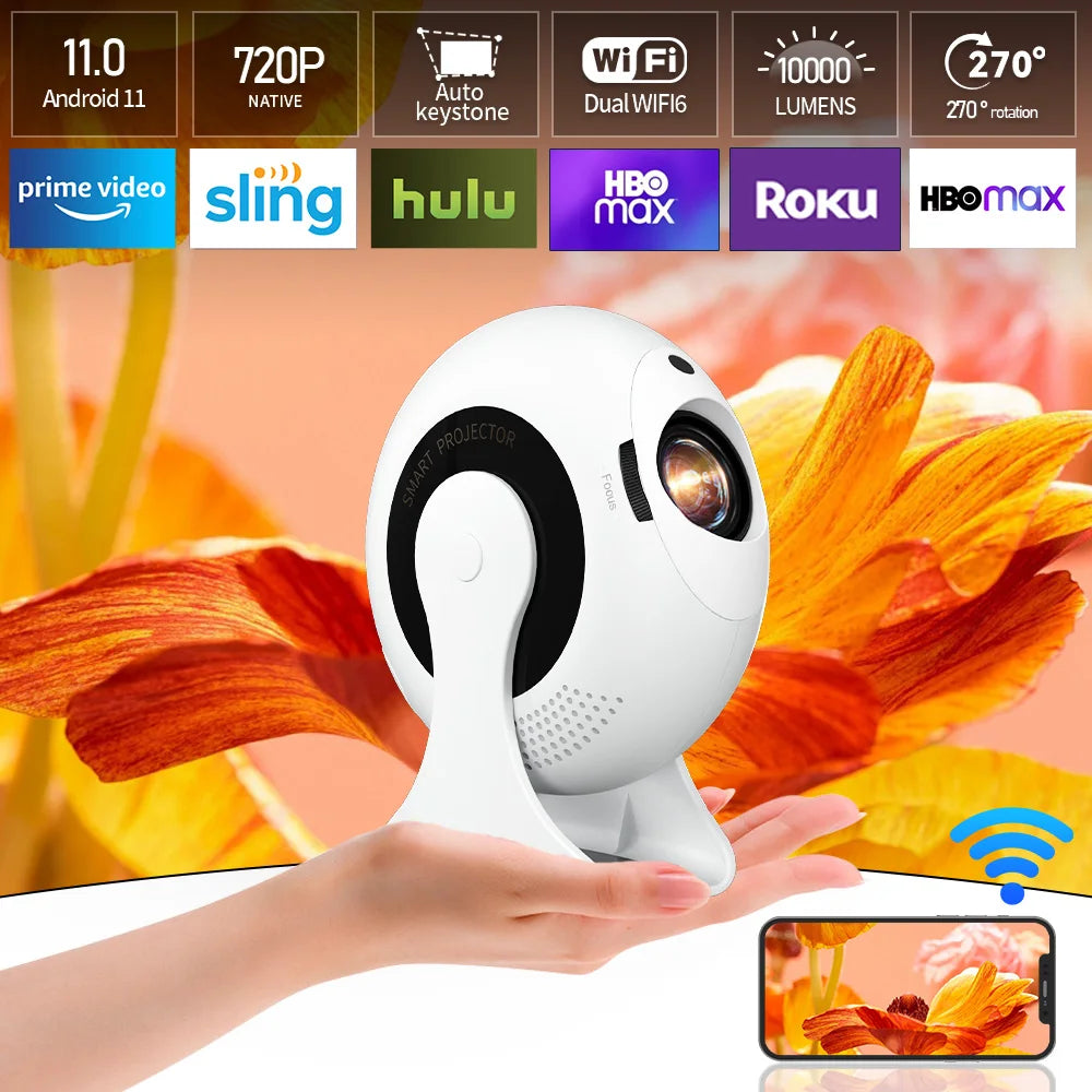 Smart Projector Android11 720P 4K Support , Wifi6 Bt5.2 Portable Outdoor Home Theater Conference Video Large Screen Home Speaker