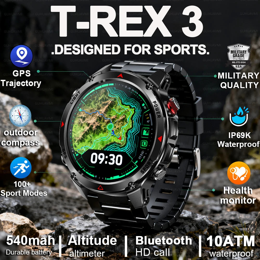 T-Rex 3 GPS Smart Watch 10ATM IP69K Waterproof Clock Compass Altimeter HD Call Military Sports Smart watch Fitness Men Bracelet