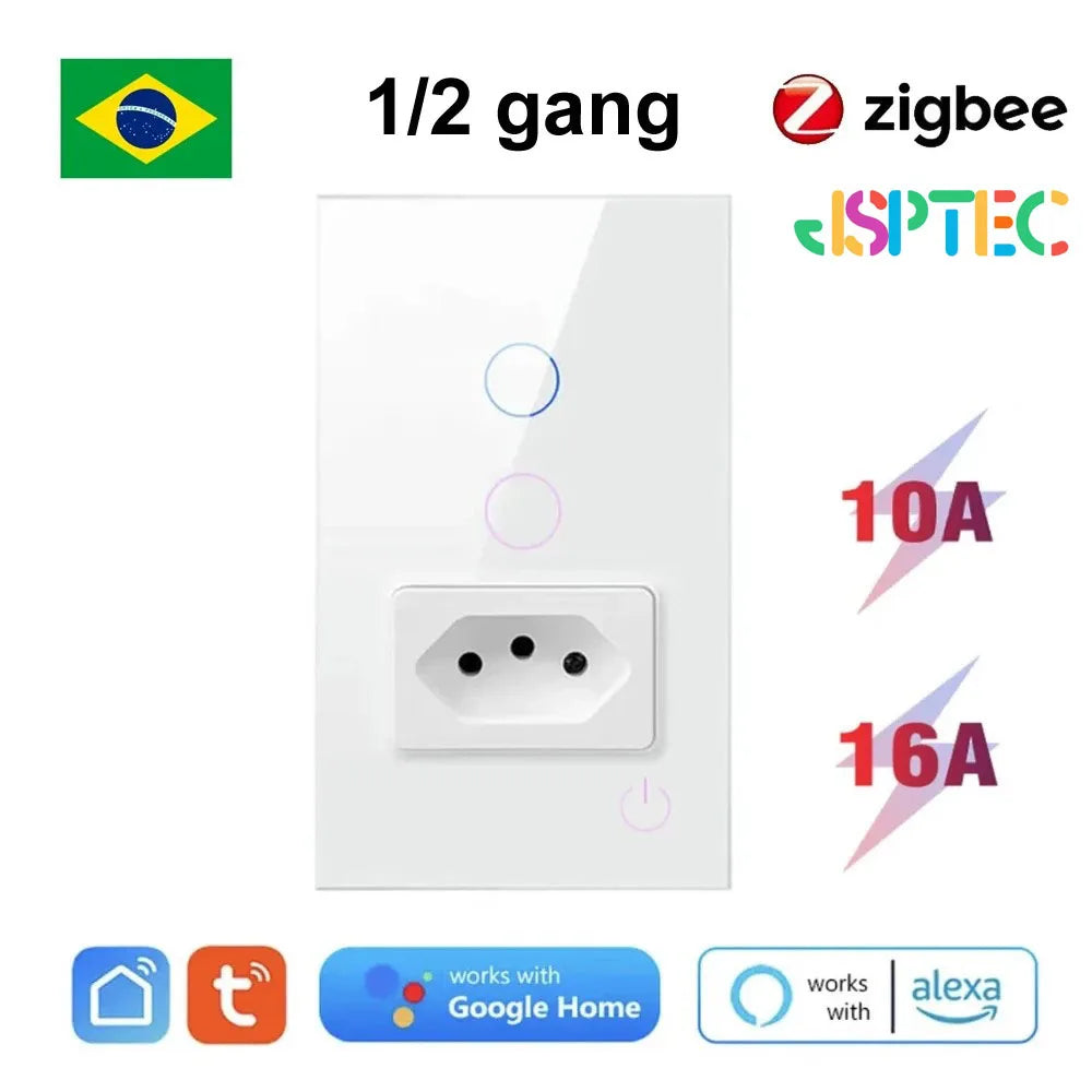 JSPTEC Tuya Smart Brazil ZigBee Switch 10A 16A Smart Socket Glass Panel 1 2 Gang Smart Light Switch Work With Alexa Google Home