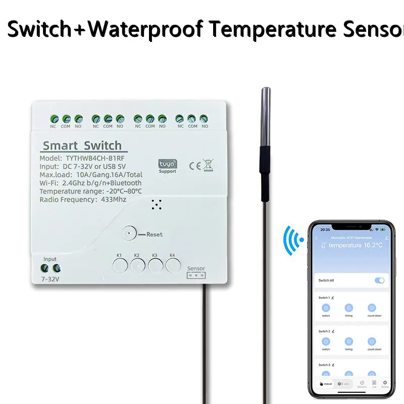Tuya Smart 7-32V WiFi 4 Channel Relay With Temperature Humidity Sensor Passive Dry Contact Switch RF433  Alexa Alice Compatible