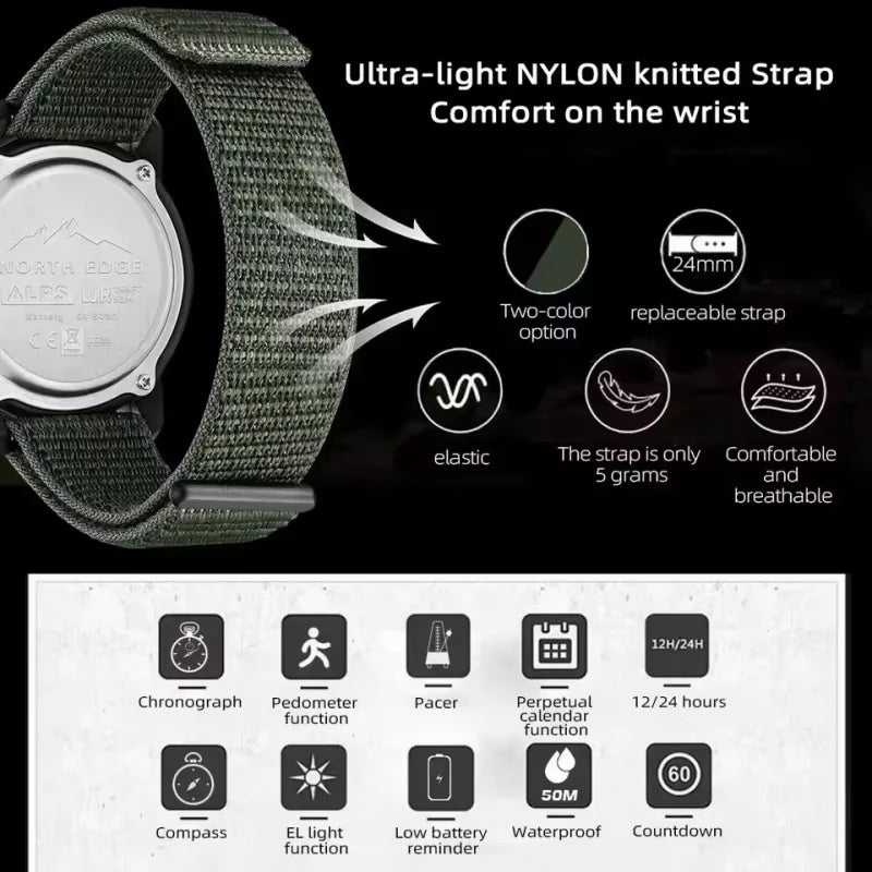 NORTH EDGE ALPS Men's Watch Outdoor Multi functional LED Display Waterproof Carbon Fiber Case Nylon Strap Men's Electronic Watch