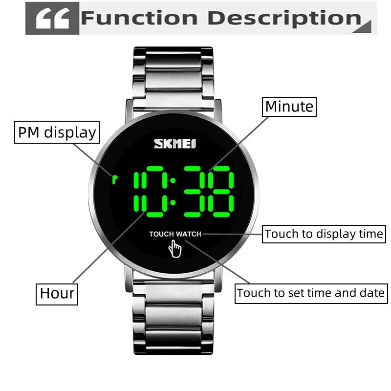 Skmei Touch Screen Bracelet Digital Watches for Mens Stainless Steel Strap 30M Waterproof LED Light Wristwatch with Date