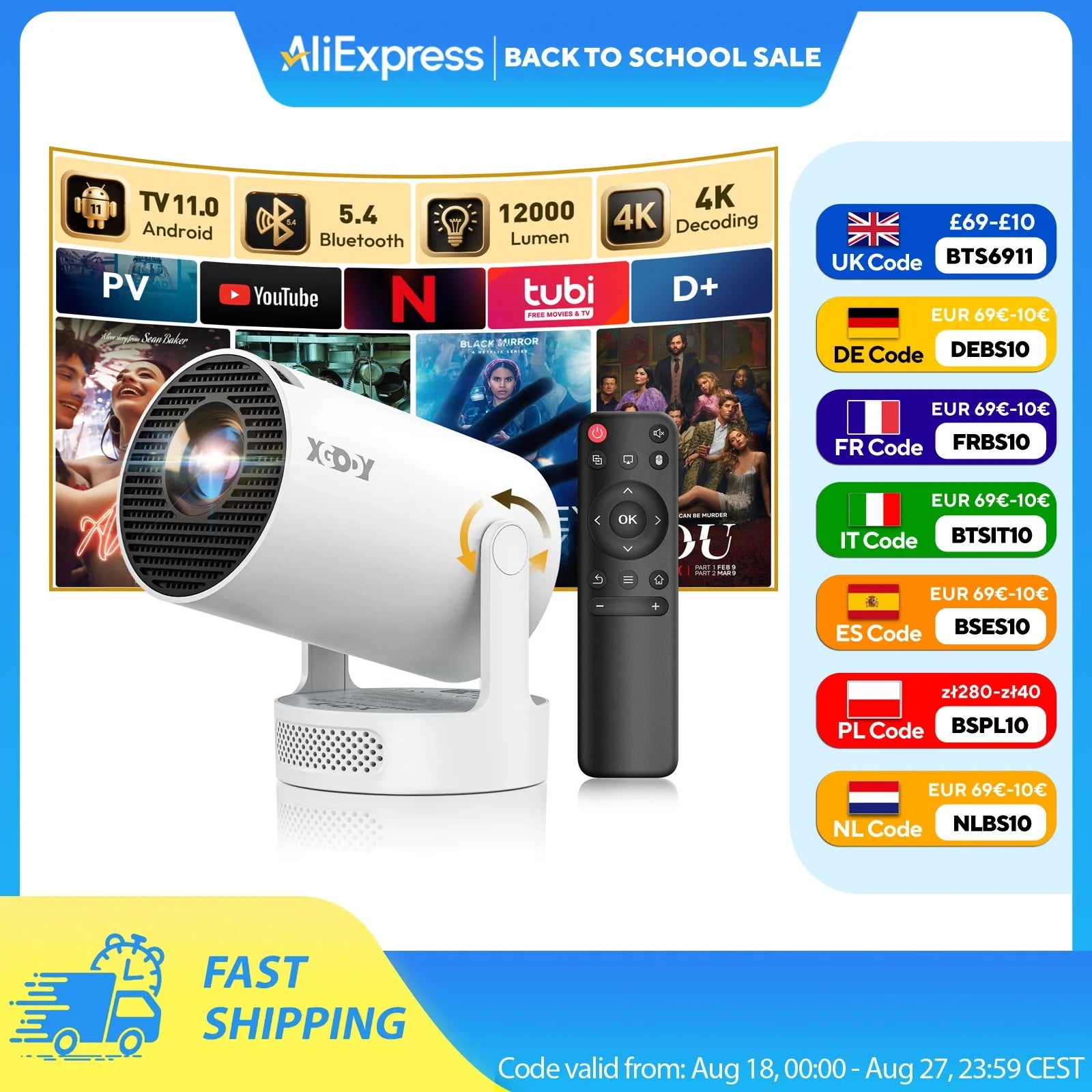 XGODY 4K 1080p LED Projector with 12000 Lumen Brightness, WiFi 6 Bluetooth 5.0 Portable Home Theater System for entertainment