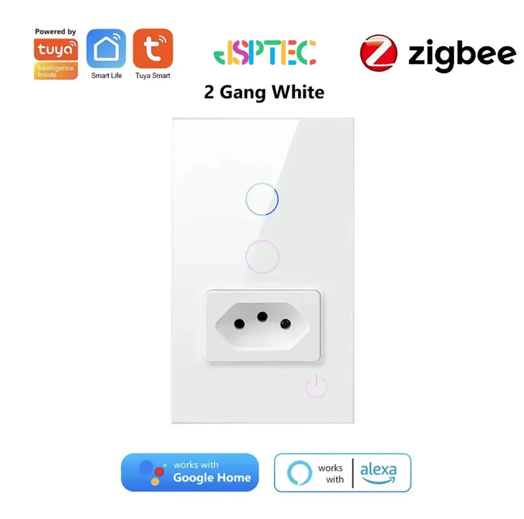 JSPTEC Tuya Smart Brazil ZigBee Switch 10A 16A Smart Socket Glass Panel 1 2 Gang Smart Light Switch Work With Alexa Google Home