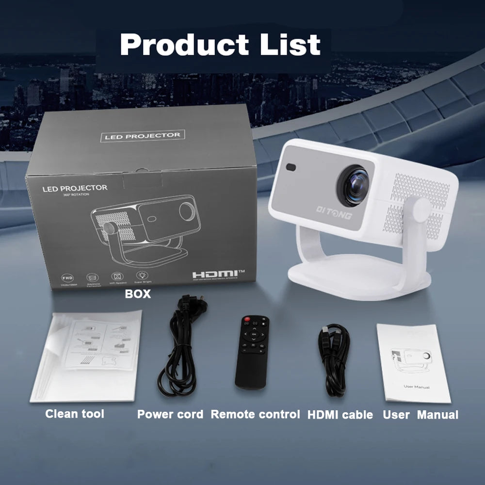 DITONG  1080P 800ANSI 4K Android 11 360° HD Projector With Auto Keystone Correction Focus Wifi6 BT5.2 Portable Outdoor