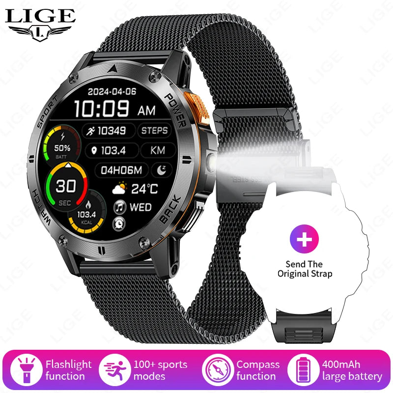 2025 New Military Smart Watch Men Flashlight Compass Waterproof Outdoor Sport Tracker Bluetooth Call Smartwatch For Android ios
