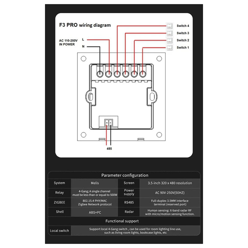 3.5 Inch Smart Wall Switch Touch Screen 4 Groups Switch 8-Way Scene Radar Sensor Dimming Switch Curtain Tuya Zigbee