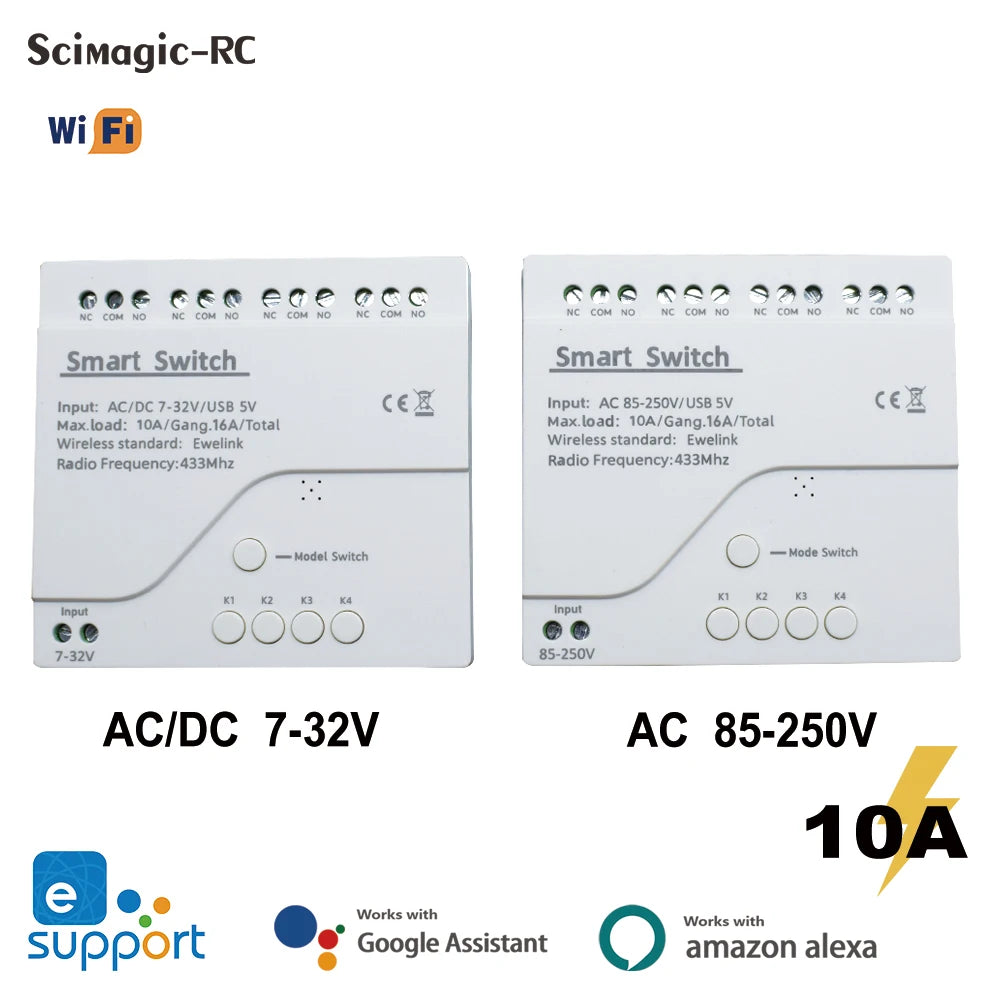 eWeLink Smart Remote Control Wifi Switch Module 4CH DC 12V 24V 32V 110V 220V Inching Self-locking RF433 Receive 4 Way Relay