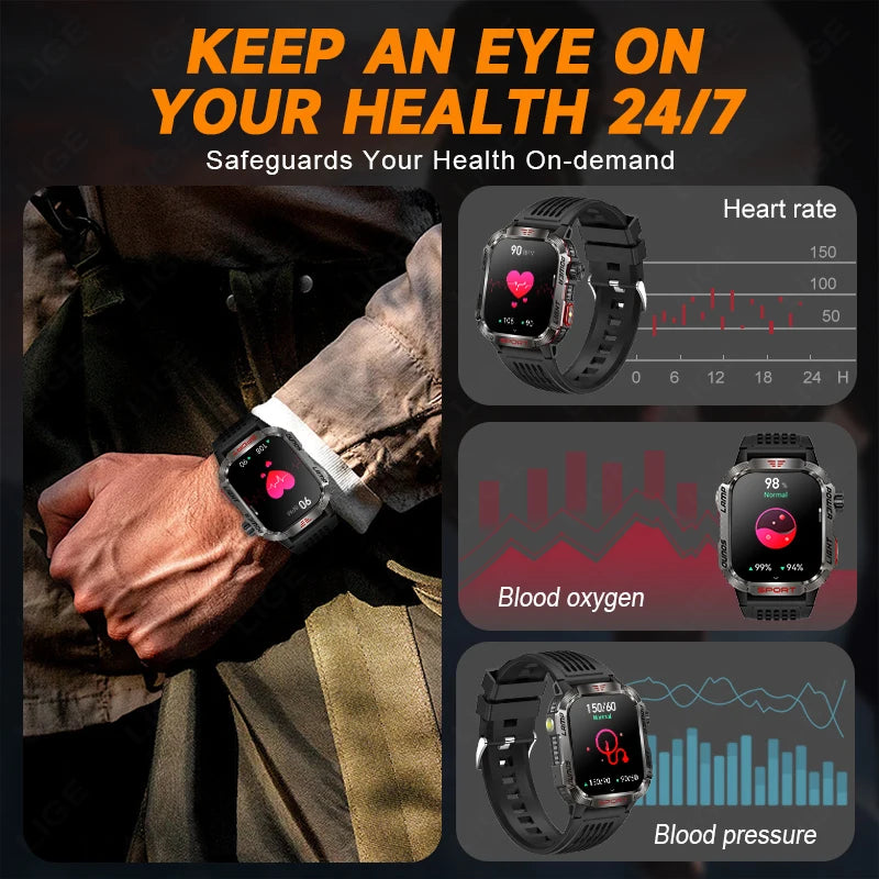 2024 New Military Outdoor Men's Smart Watch 600 mAh Battery Waterproof Fitness Blood Oxygen Bluetooth Call Smartwatch For Xiaomi