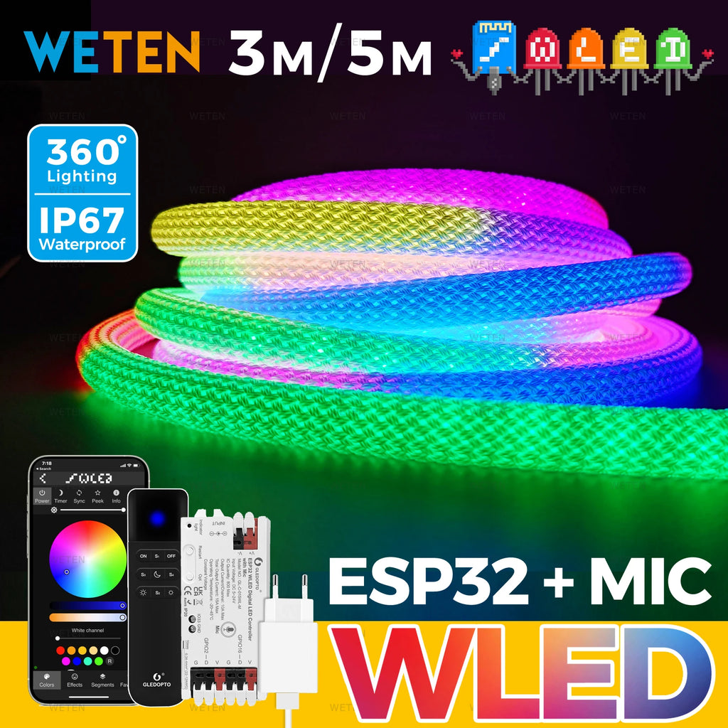 WLED Smart Wifi 360 Round Tube RGBIC Neon Led Strip Kit Waterproof 5V ESP32 Music Sync APP Control Support Alexa Home Assistant