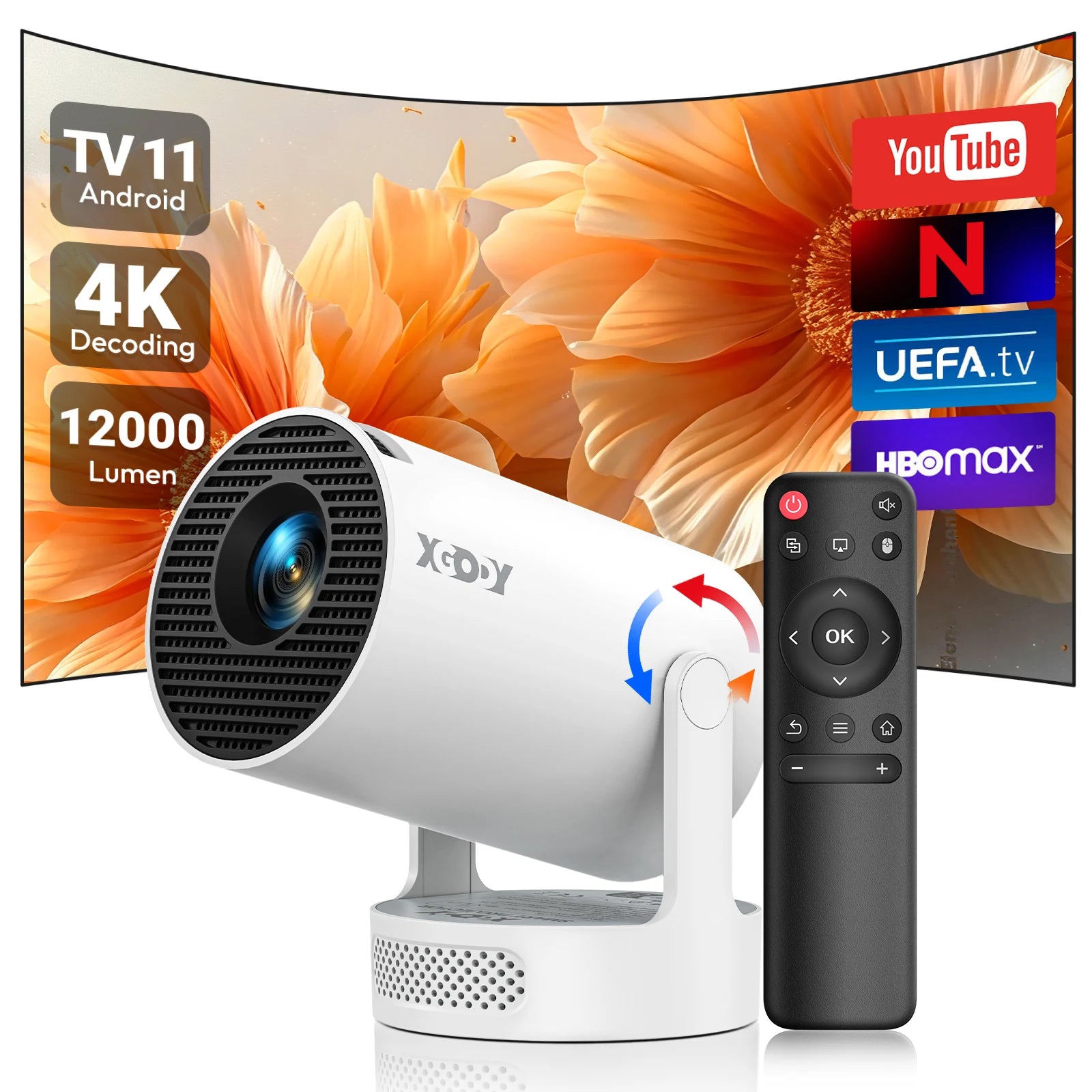 XGODY 4K 1080p LED Projector with 12000 Lumen Brightness, WiFi 6 Bluetooth 5.0 Portable Home Theater System for entertainment
